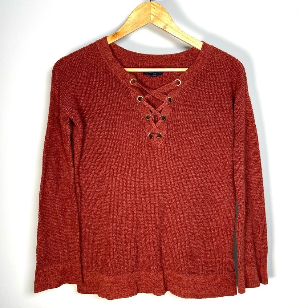 American Eagle Red Lace Up Knit Sweater Jegging Fit Oversized Gorpcore Western